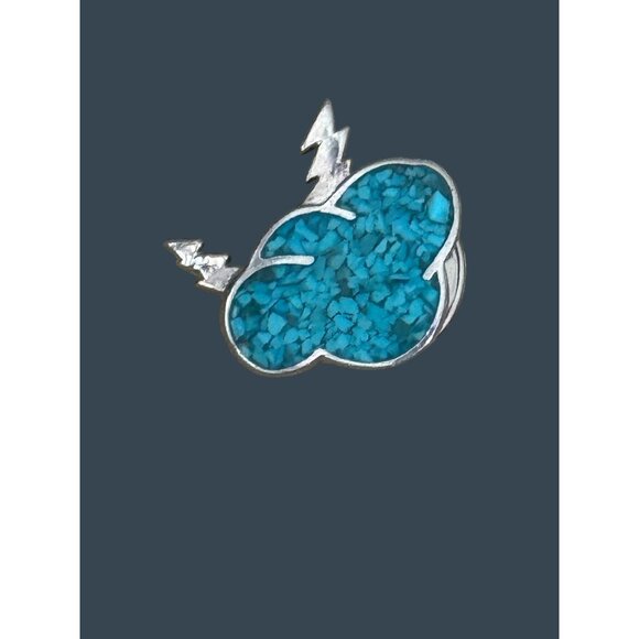 Turquoise Inlay Cloud & Lightning Bolt Silver Lapel Pin - Picture 2 of 5
